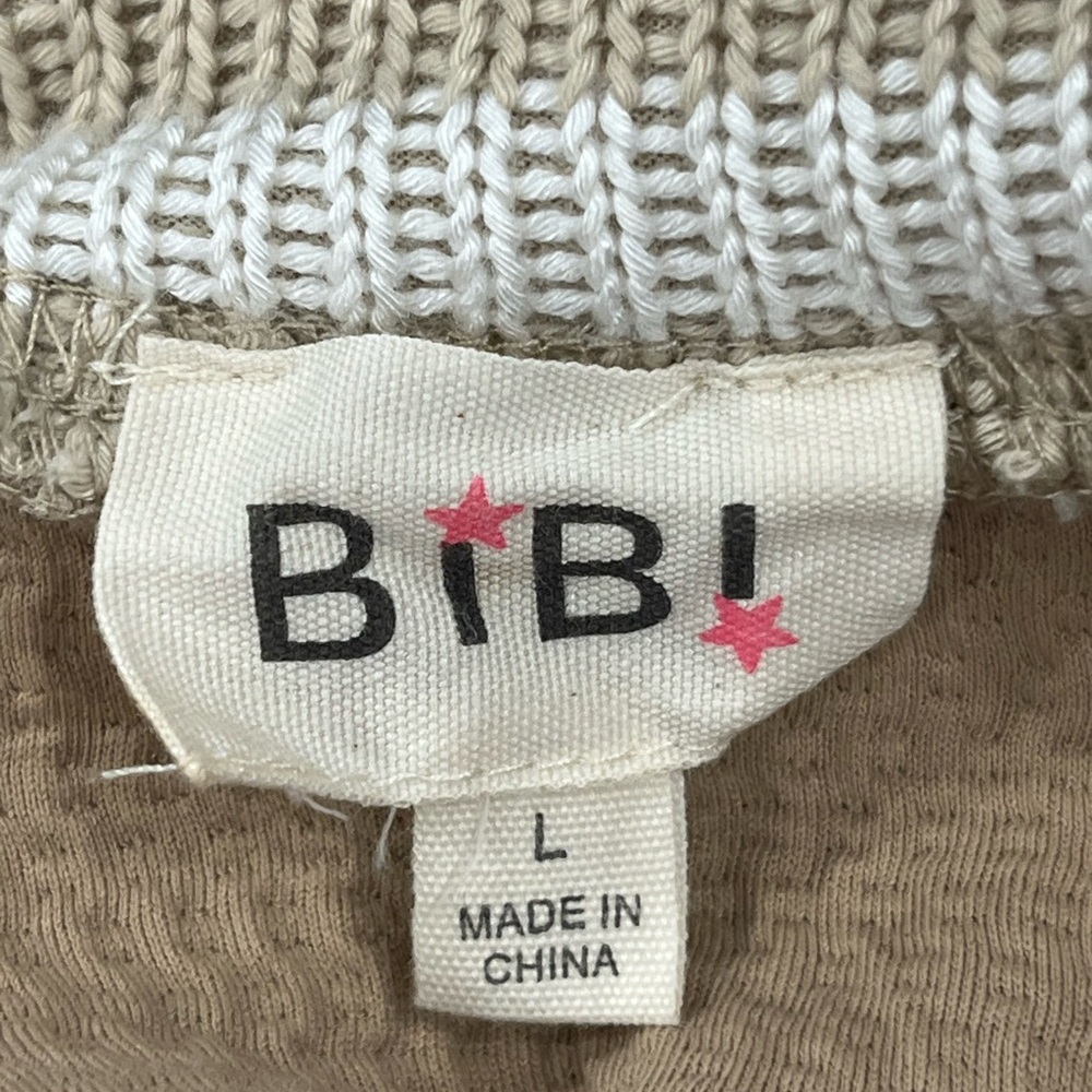 BiBi Waffle Knit Oversized Sweater Large Tan Cream Striped Boho Cozy Pullover - Picture 7 of 8
